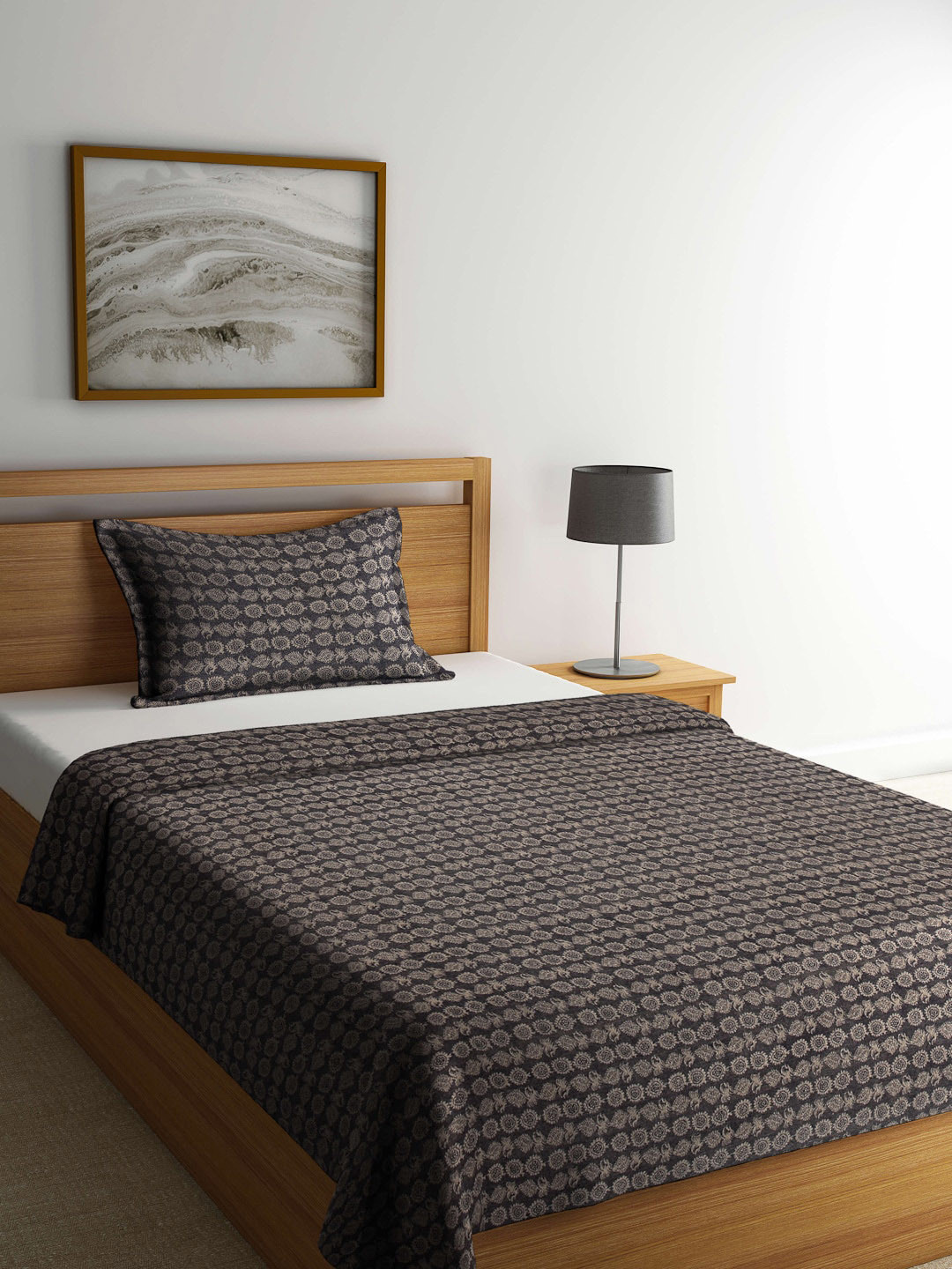 

KLOTTHE Brown Woven Design Cotton Single Bed Cover with 1 Pillow Covers