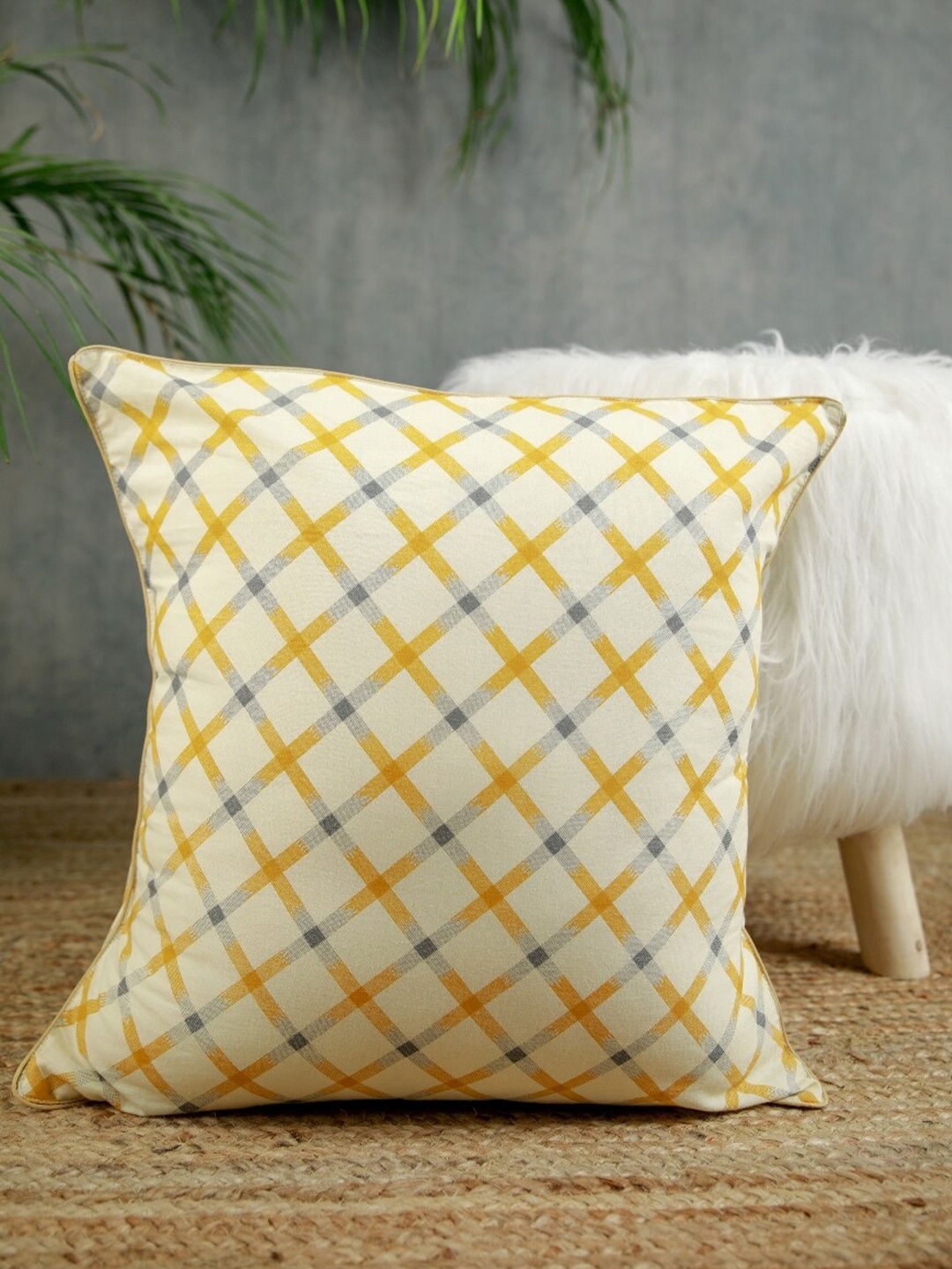 

Jaipur Folk Off White & Yellow Set of 2 Checked Square Cushion Covers