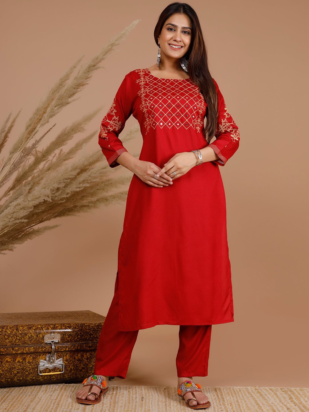 

Tetalee Women Red Yoke Design Empire Kurta with Trousers