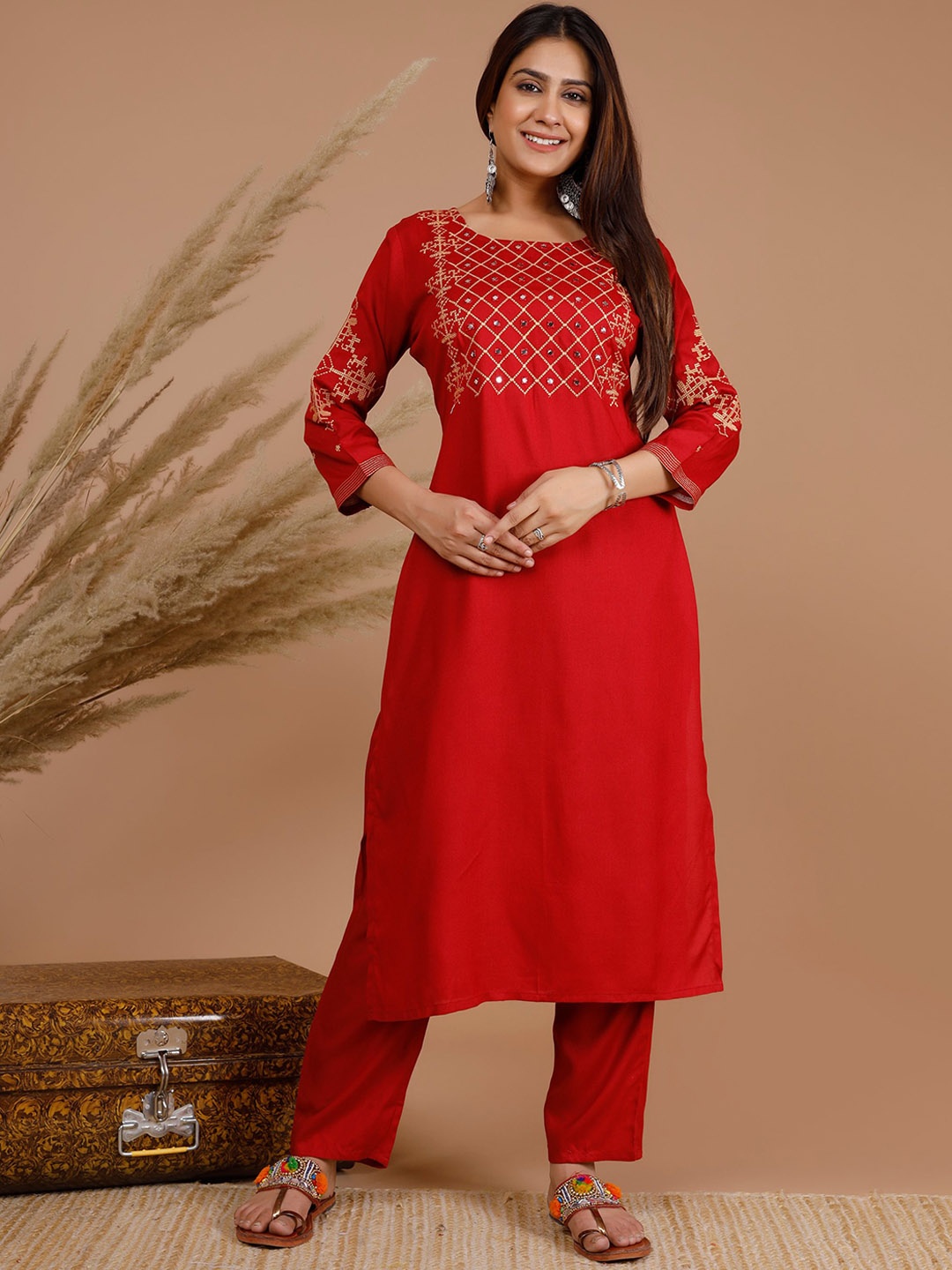 

Tetalee Women Red Yoke Design Empire Kurta with Trousers