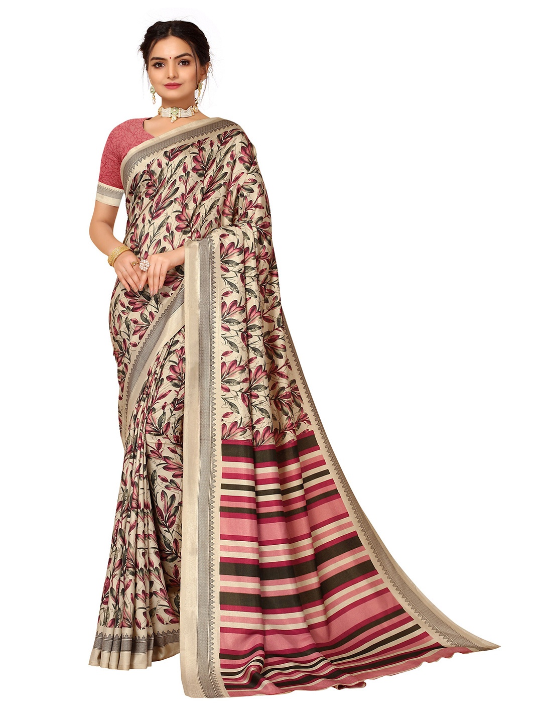 

KALINI Beige & Pink Floral Block Print Saree