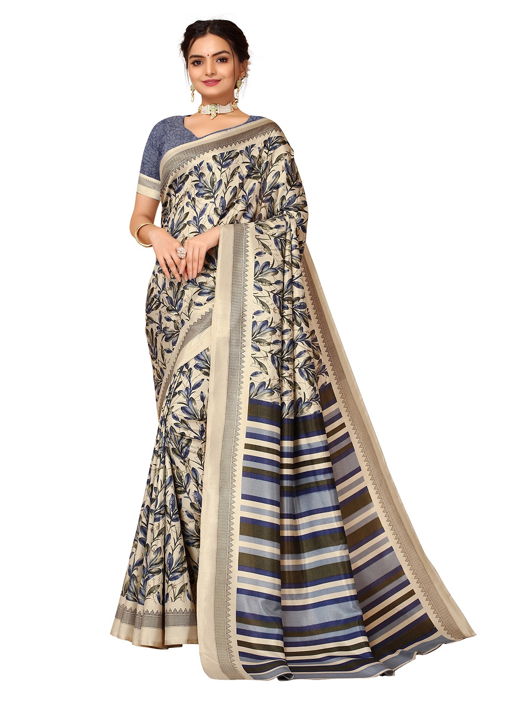 

KALINI Beige & Blue Floral Block Print Saree