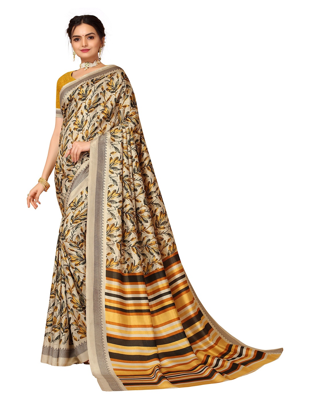 

KALINI Beige & Yellow Floral Block Print Saree