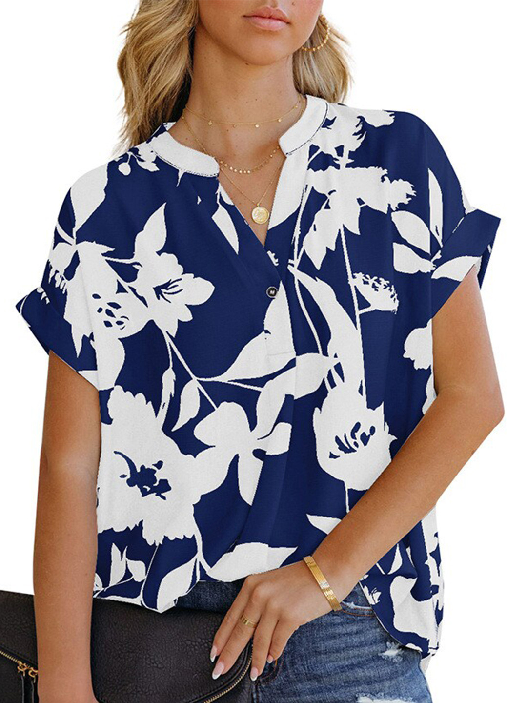 

BoStreet Blue Print Mandarin Collar Extended Sleeves Top