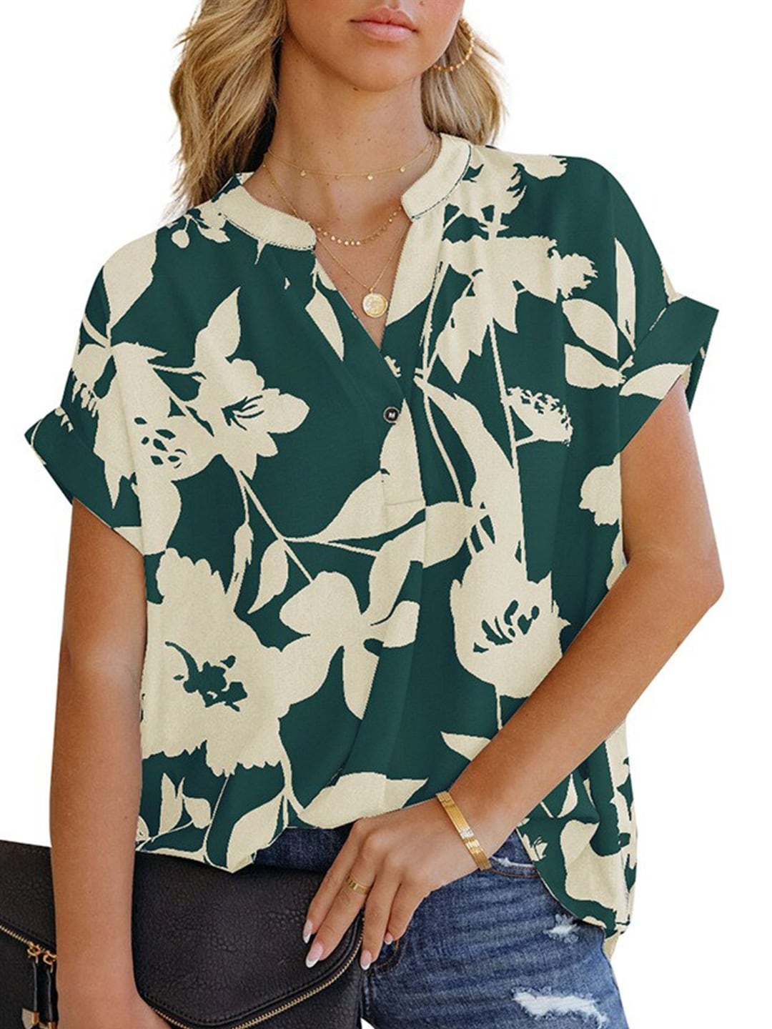 

BoStreet Green & ponderosa pine Floral Print Mandarin Collar Extended Sleeves Top