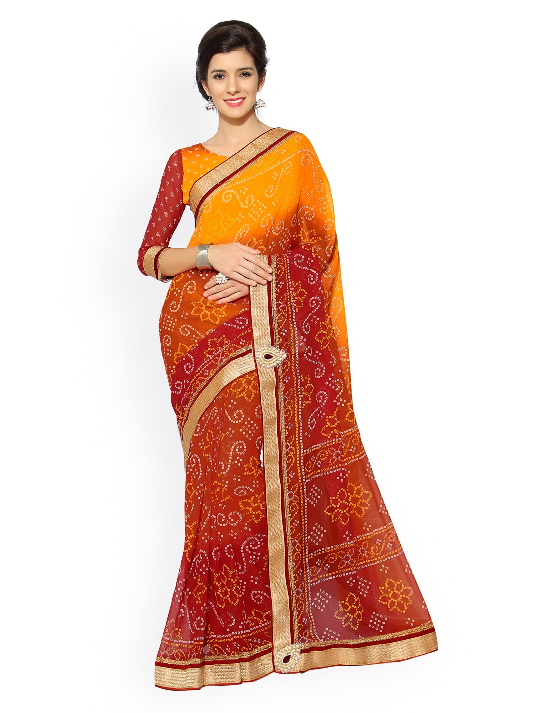 

MIRCHI FASHION Orange & Red Bandhani Print Polyester Georgette Saree