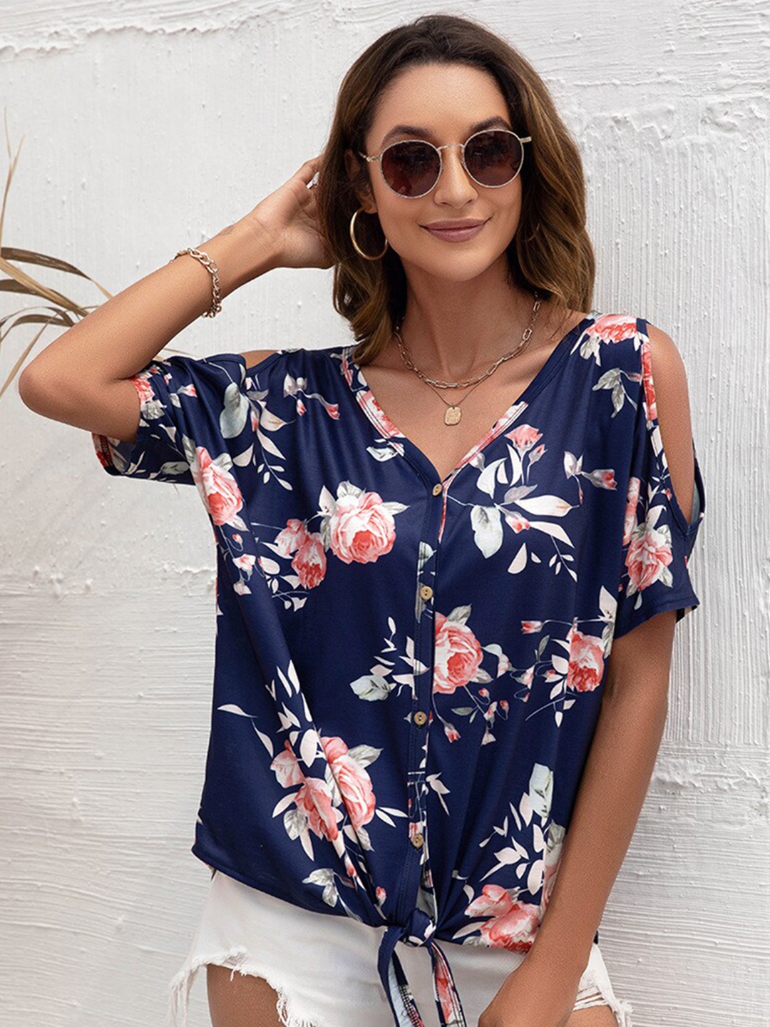 

StyleCast Blue & blue Floral Print Styled Back Top