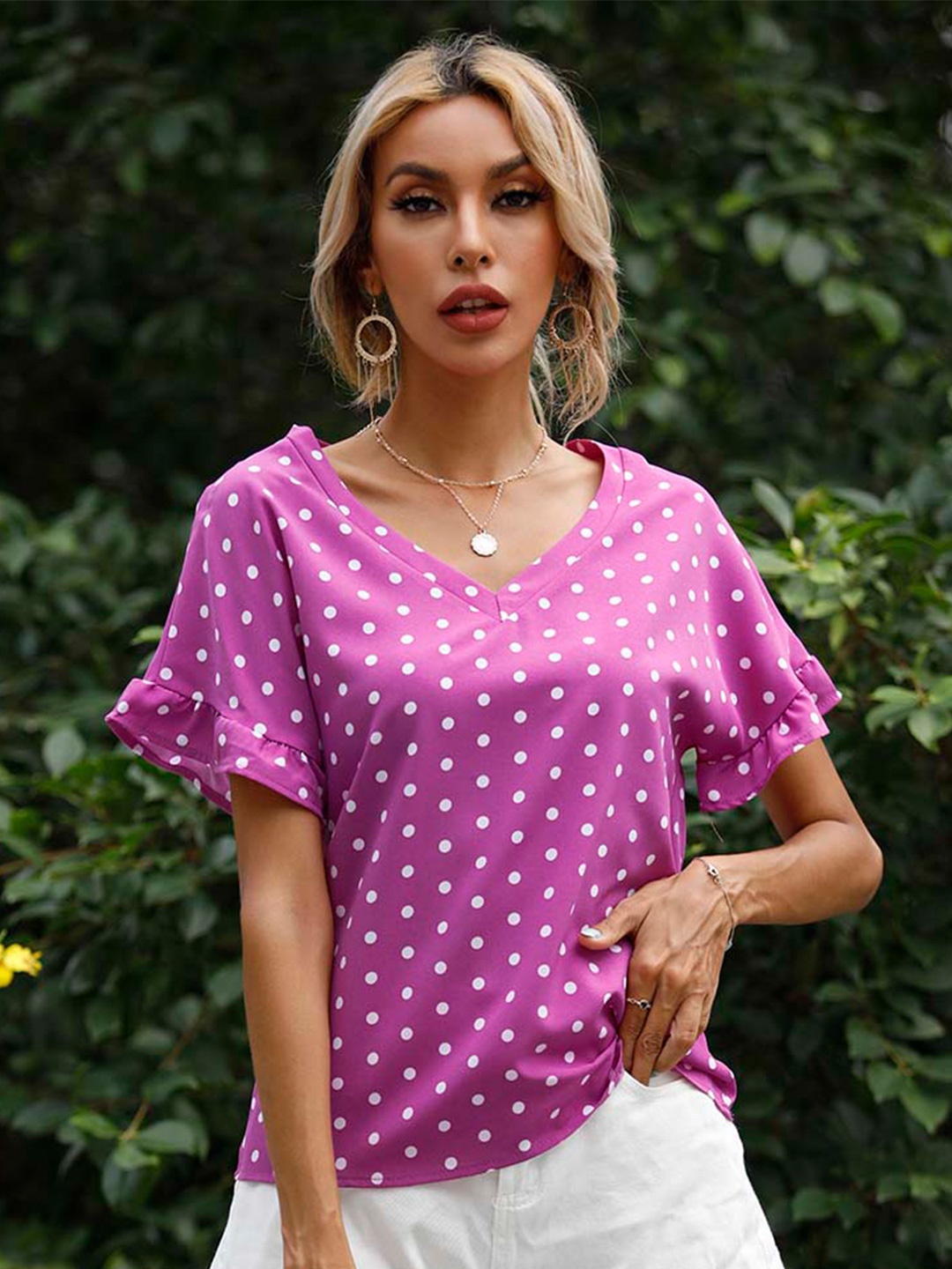 

BoStreet Pink & vivid viola Geometric Print Ruffles Top