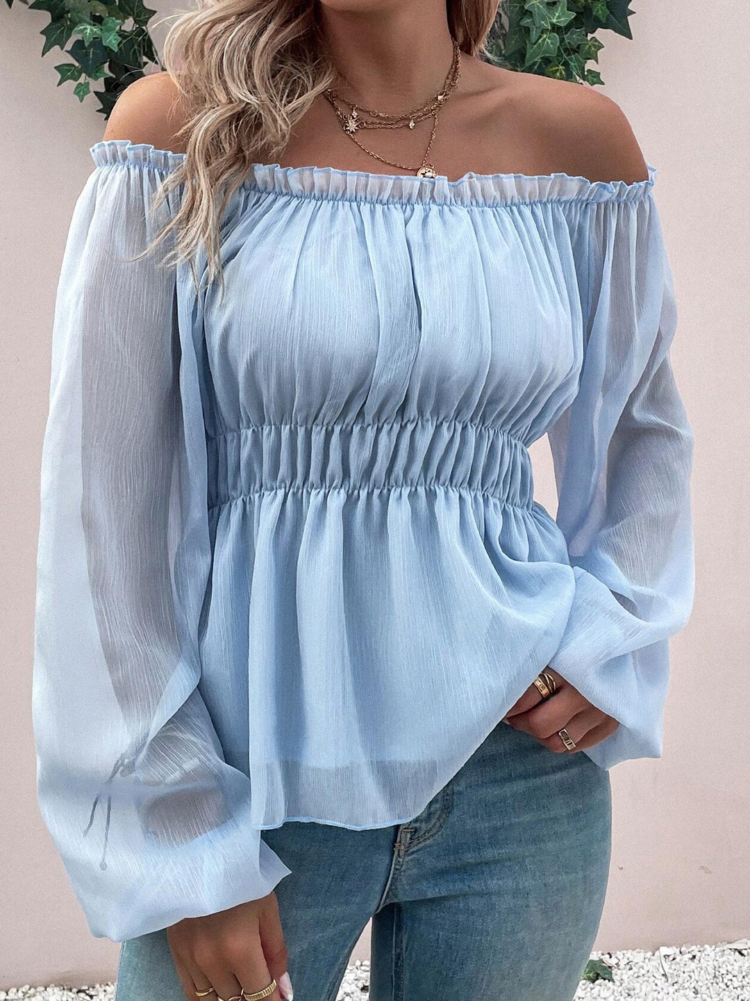 

BoStreet Blue Off-Shoulder Bardot Top
