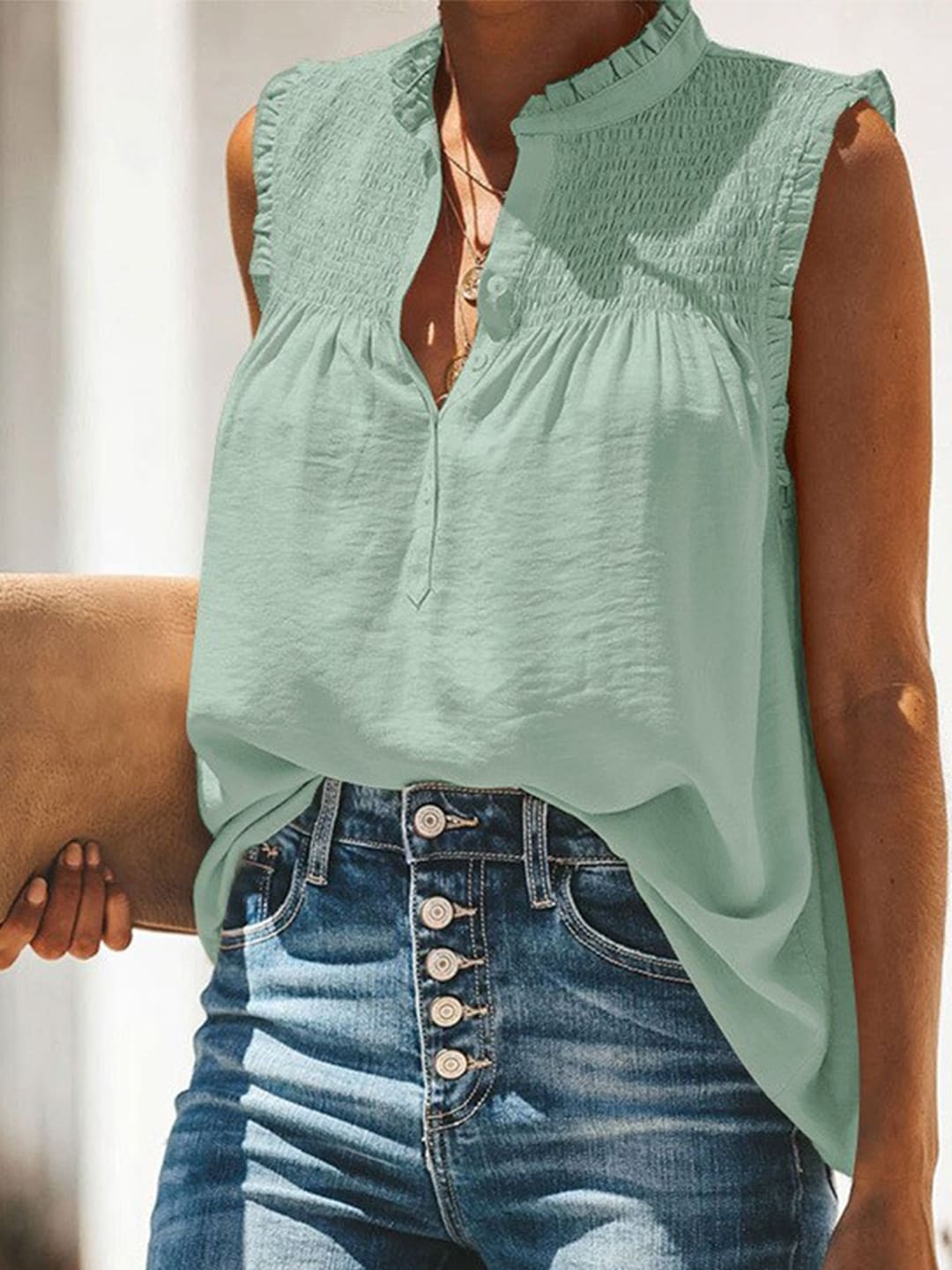 

BoStreet Green Mandarin Collar Smocked Shirt Style Top