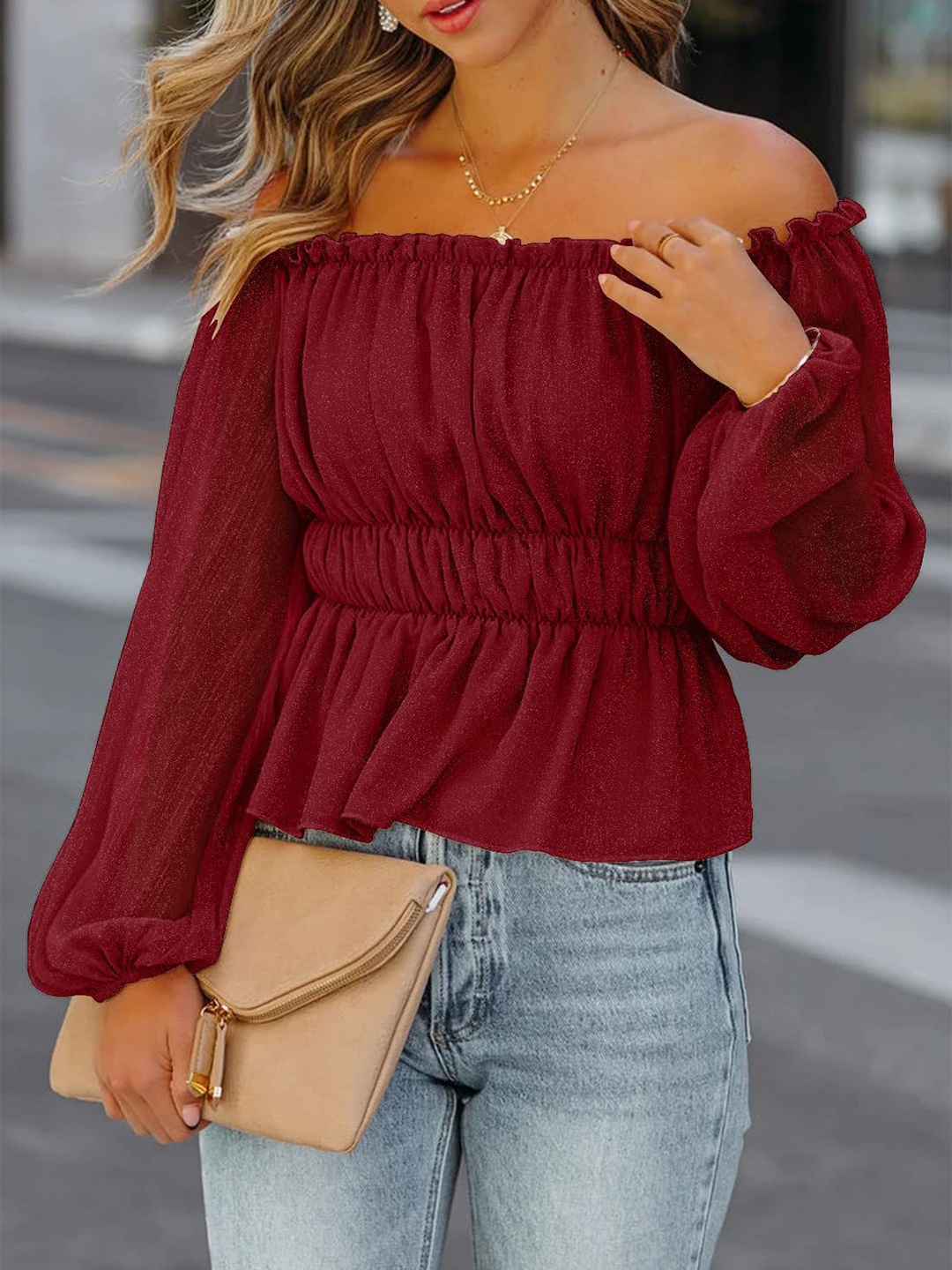 

BoStreet Maroon Off-Shoulder Bardot Top