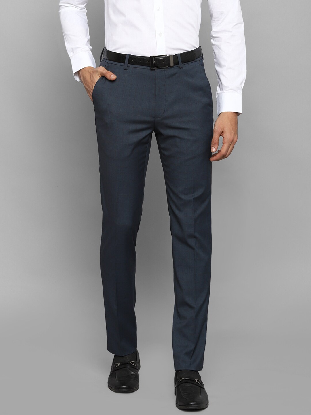 

Louis Philippe Men Navy Blue Textured Slim Fit Trousers