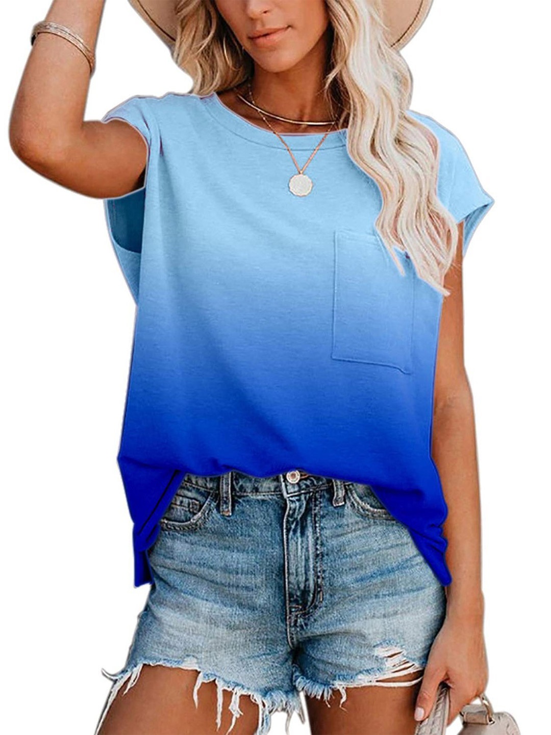

La Aimee Women Blue Henley Neck Extended Sleeves Oversized T-shirt