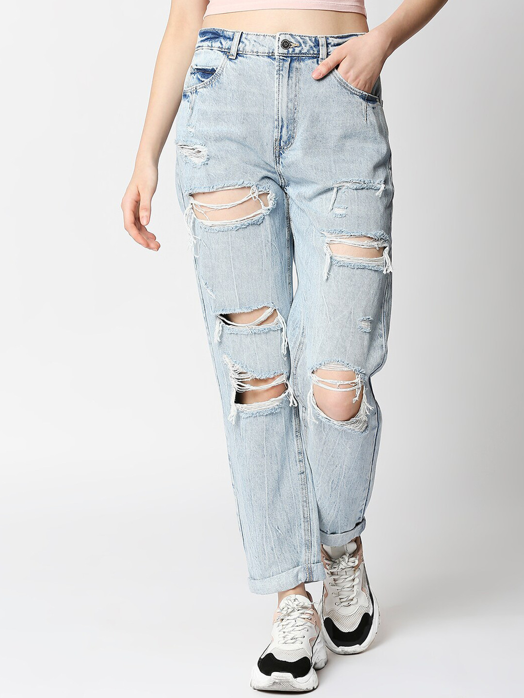 

LOVEGEN Women Blue High-Rise Highly Distressed Heavy Fade Jeans