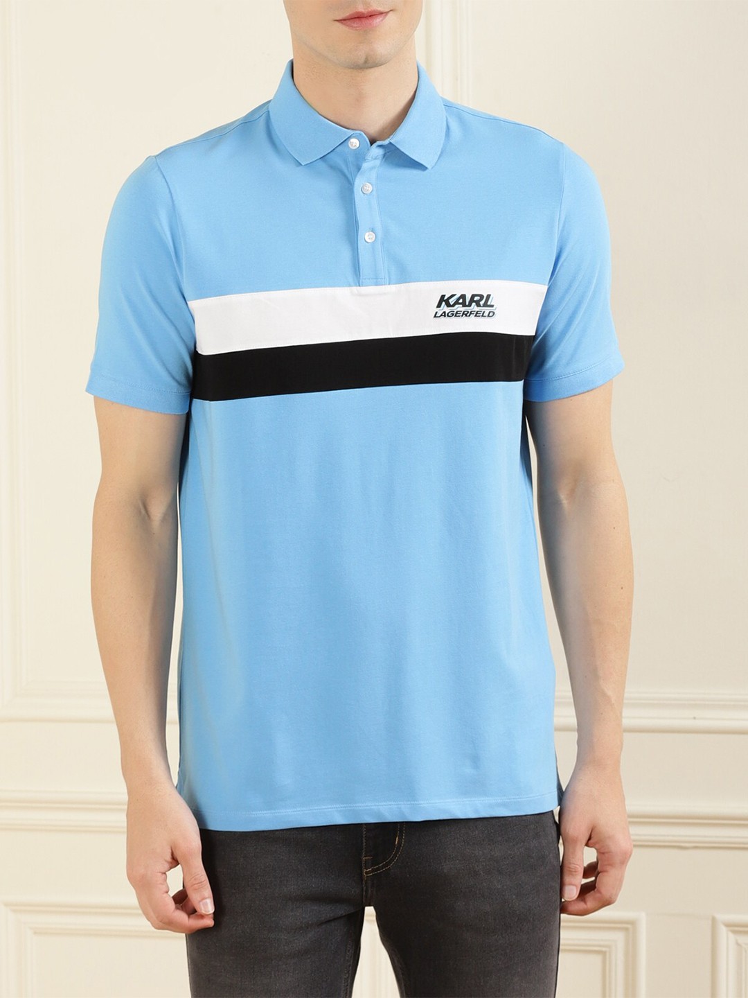 

Karl Lagerfeld Men Blue Polo Collar Applique T-shirt