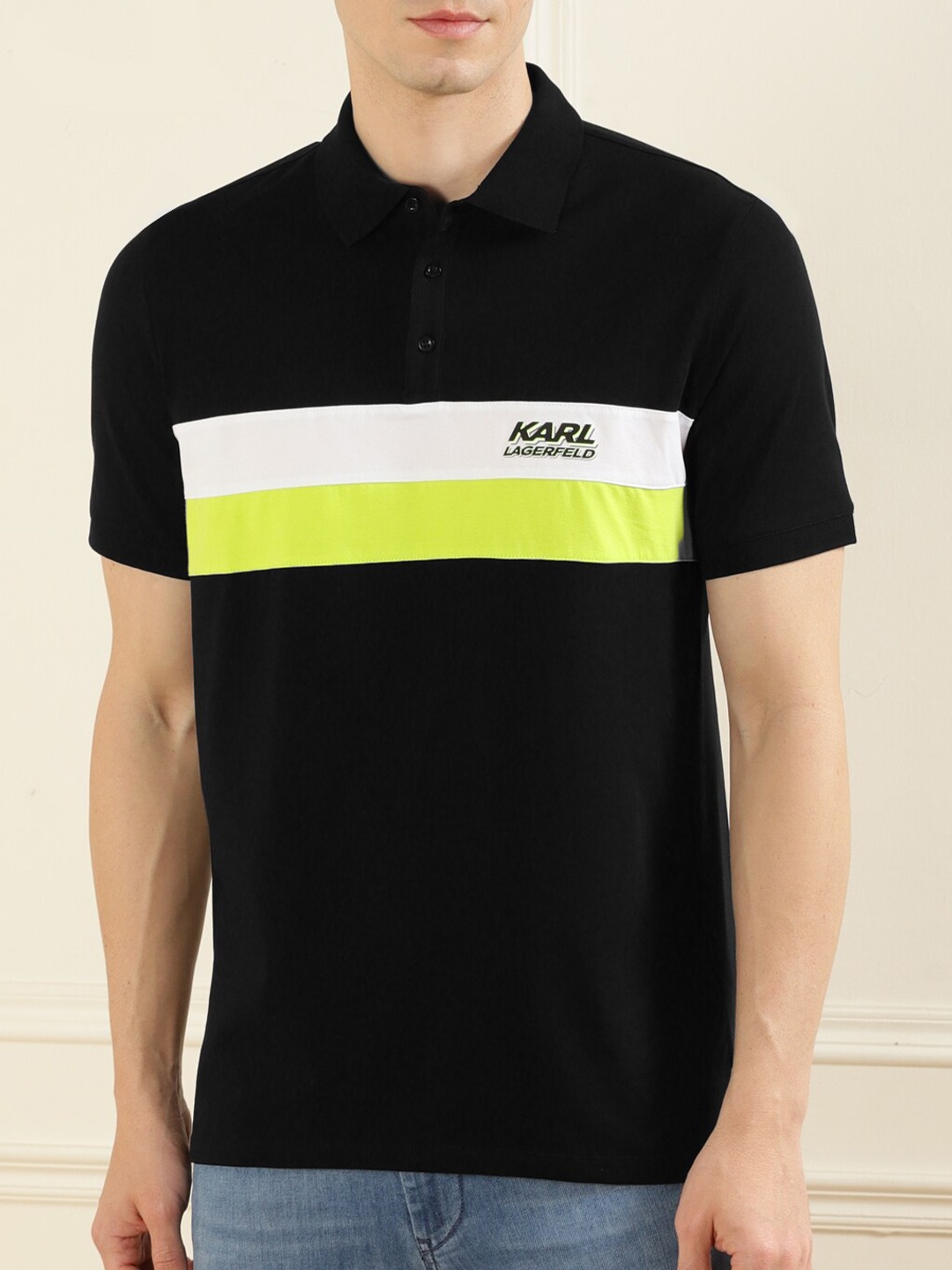 

Karl Lagerfeld Men Black Colourblocked Polo Collar Applique T-shirt