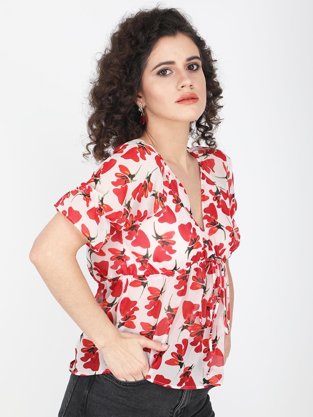 

angloindu Red Floral Print Extended Sleeves Georgette Wrap Top