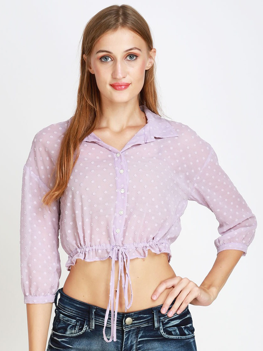 

angloindu Purple Print Chiffon Shirt Style Crop Top