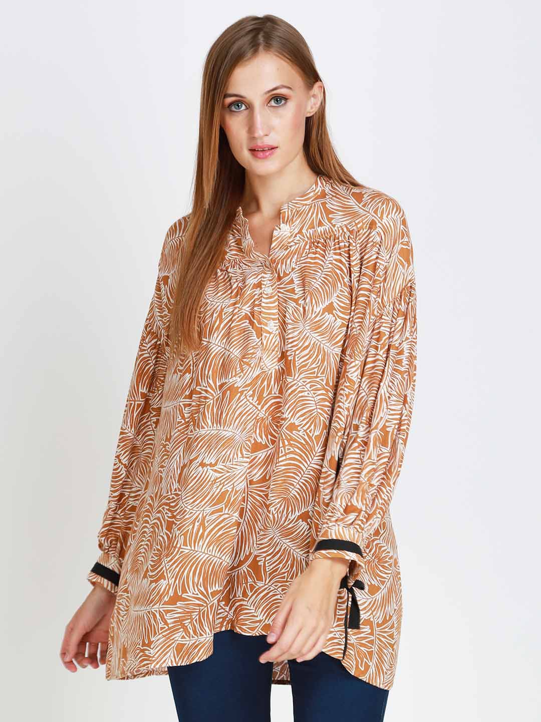 

angloindu Brown Print Mandarin Collar Tropical Shirt Style Top
