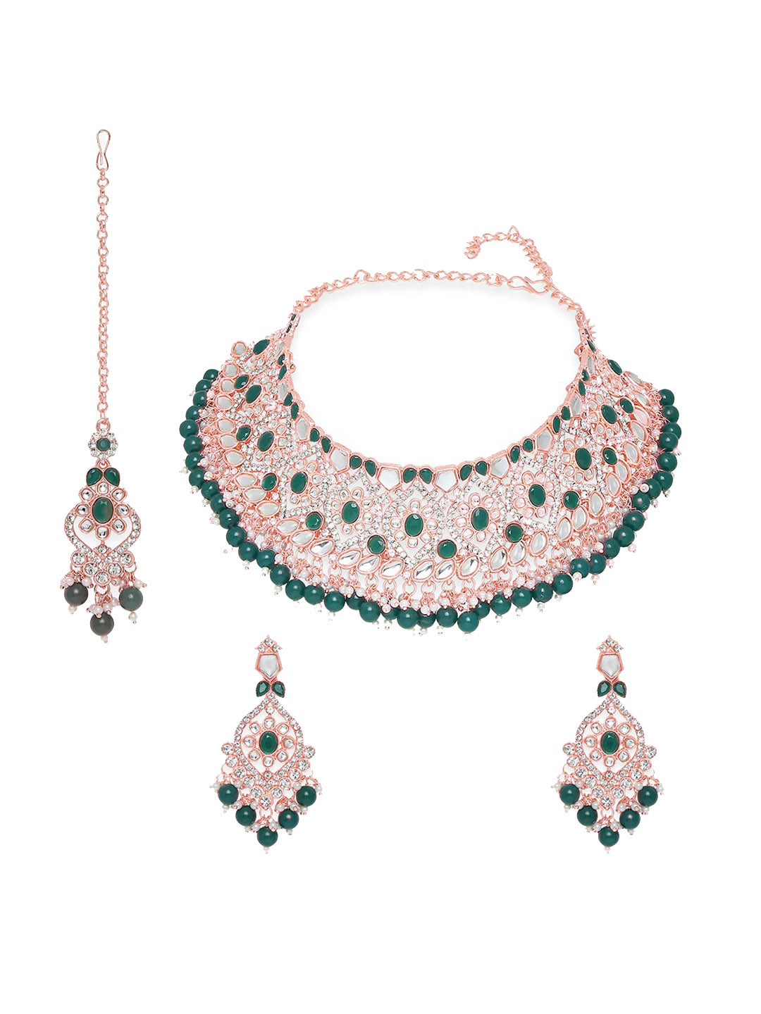 

VATSALYA creation Rose Gold-Plated White & Green Stone-Studded & Pearl Beaded Jewellery Set