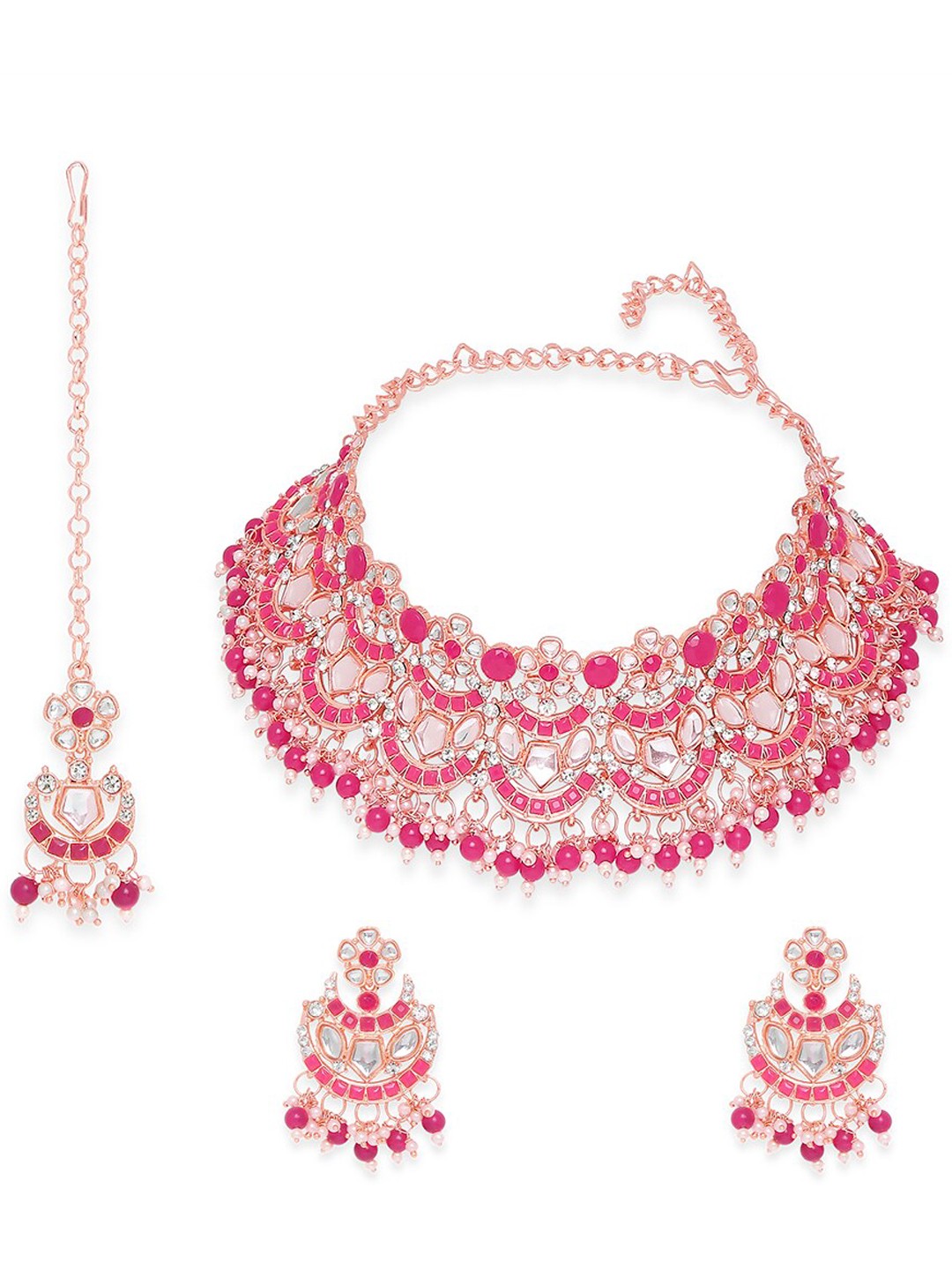 

Vatsalya Creation Rose Gold-Plated White & Pink Stone-Studded & Pearl Beaded Jewellery Set