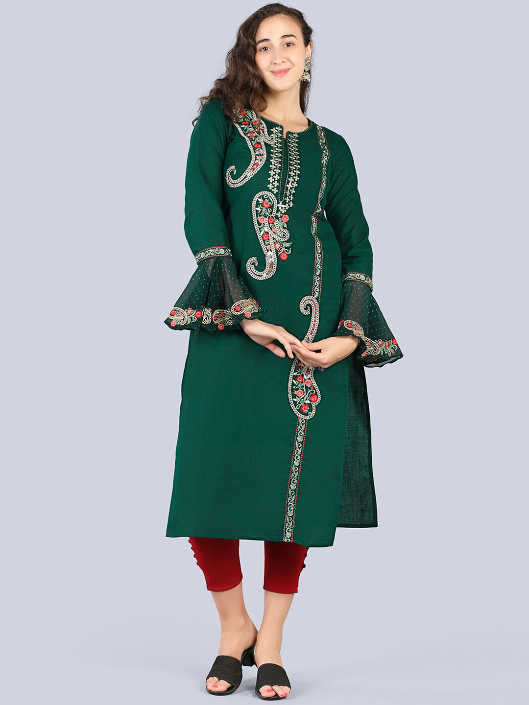 

Pakiza Women Green & teal green Paisley Embroidered Flared Sleeves Thread Work Kurta