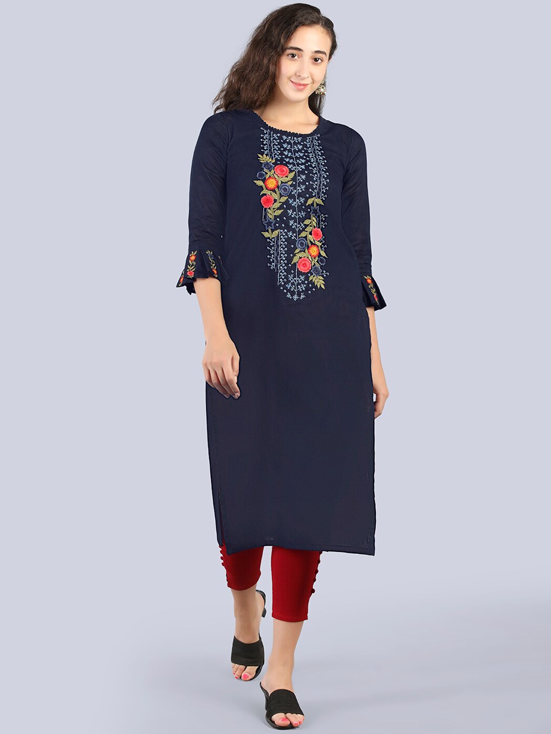 

Pakiza Women Blue & dark sapphire Floral Embroidered Flared Sleeves Thread Work Kurta
