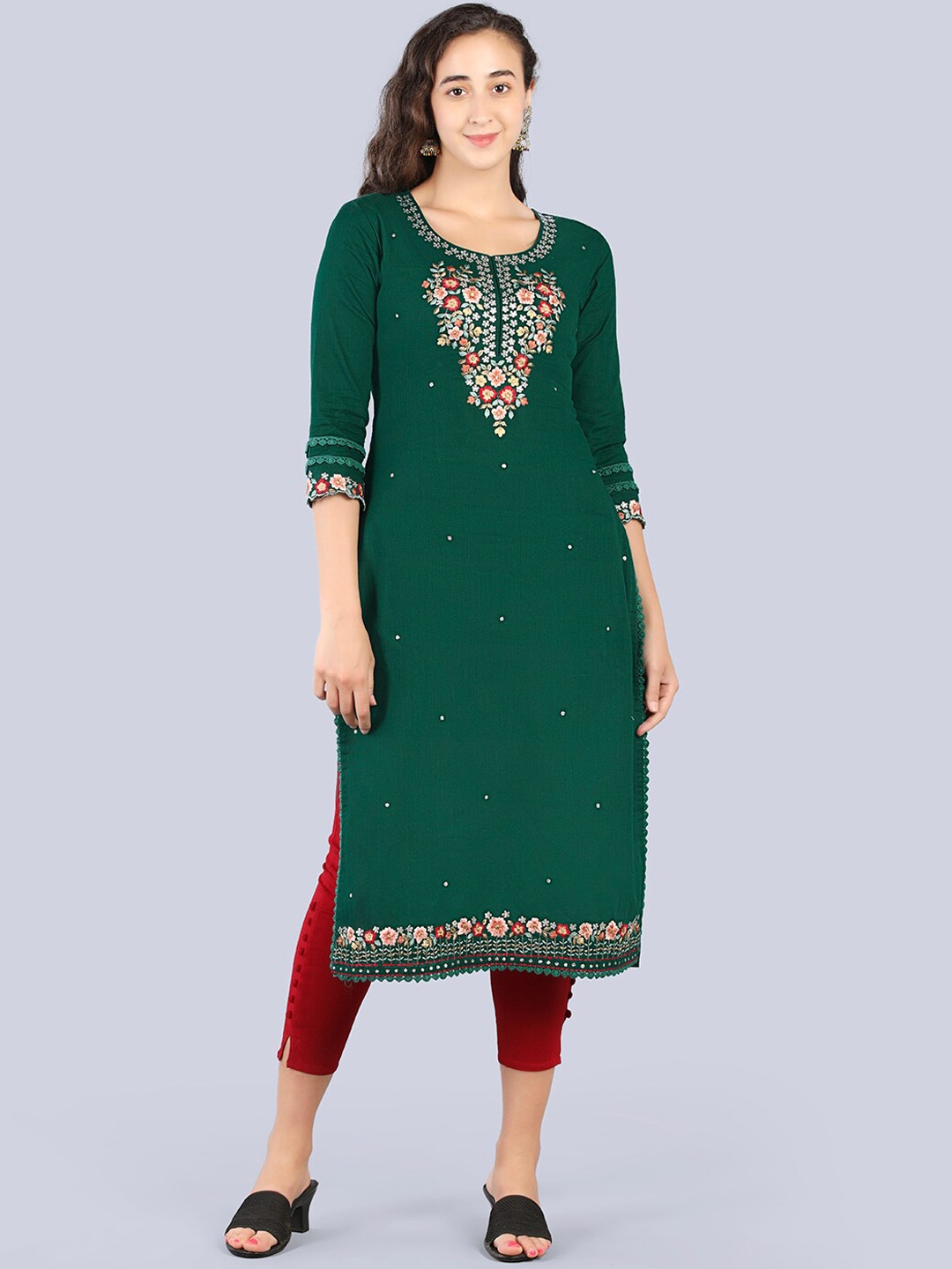 

Pakiza Women Green & brunswick green Geometric Embroidered Thread Work Kurta
