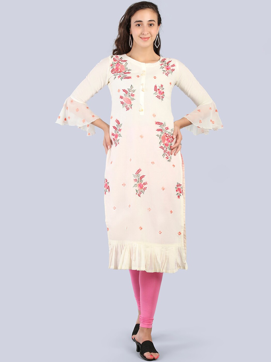

Pakiza Women Cream-Coloured & linen Embroidered Flared Sleeves Kurta