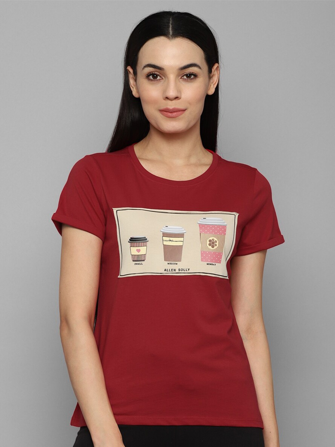 

Allen Solly Woman Women Maroon Typography Printed Applique T-shirt