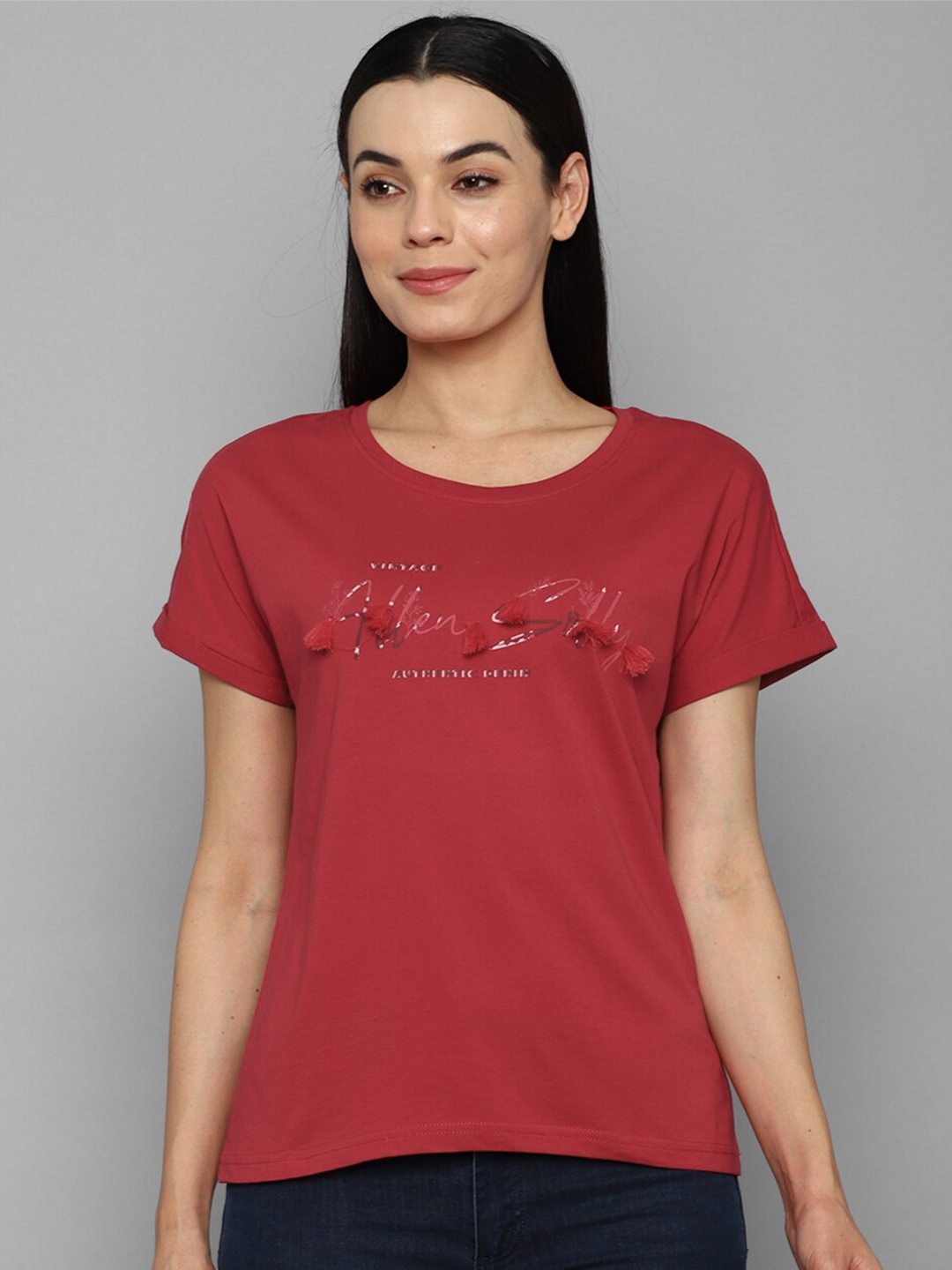 

Allen Solly Woman Women Maroon Printed Extended Sleeves T-shirt