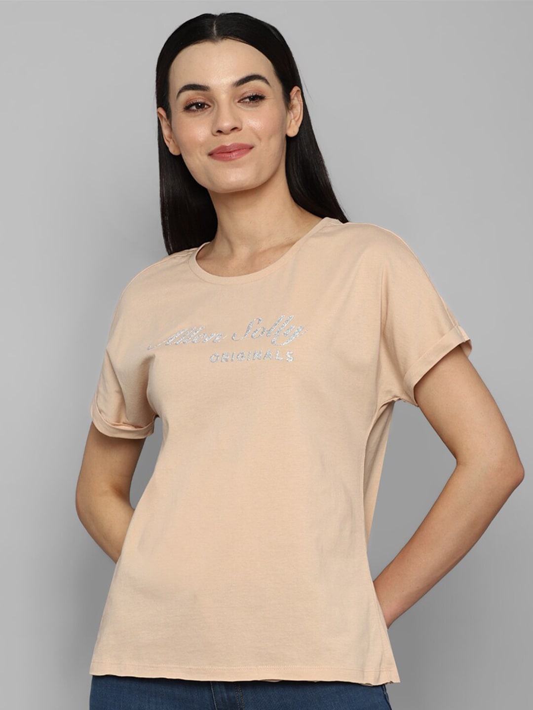

Allen Solly Woman Women Beige Typography Printed Extended Sleeves T-shirt