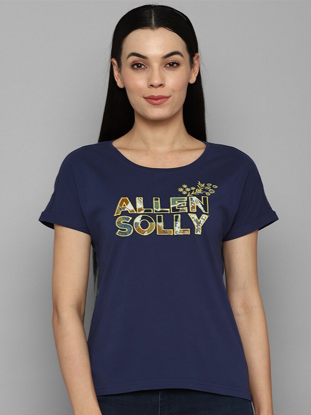 

Allen Solly Woman Women Navy Blue Printed Extended Sleeves T-shirt