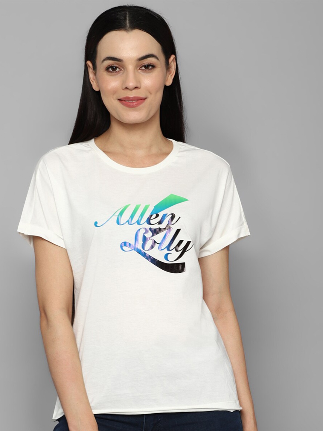 

Allen Solly Woman Women White Typography Printed Raw Edge T-shirt