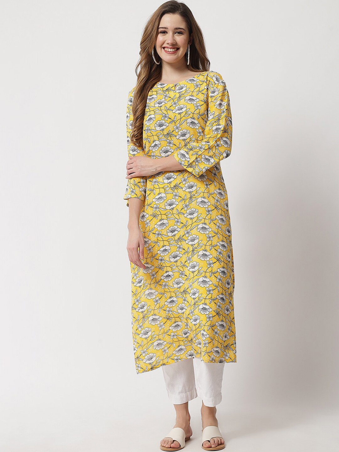 

Beatnik Women Yellow & Grey Ethnic Motifs Printed Straight Kurta
