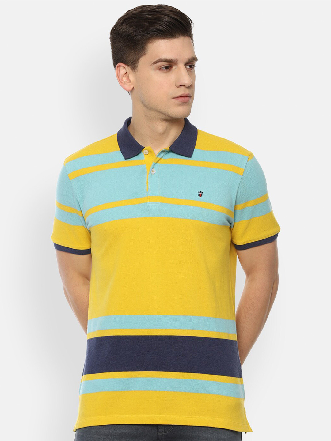 

Louis Philippe Jeans Men Yellow Striped Polo Collar Applique Slim Fit T-shirt