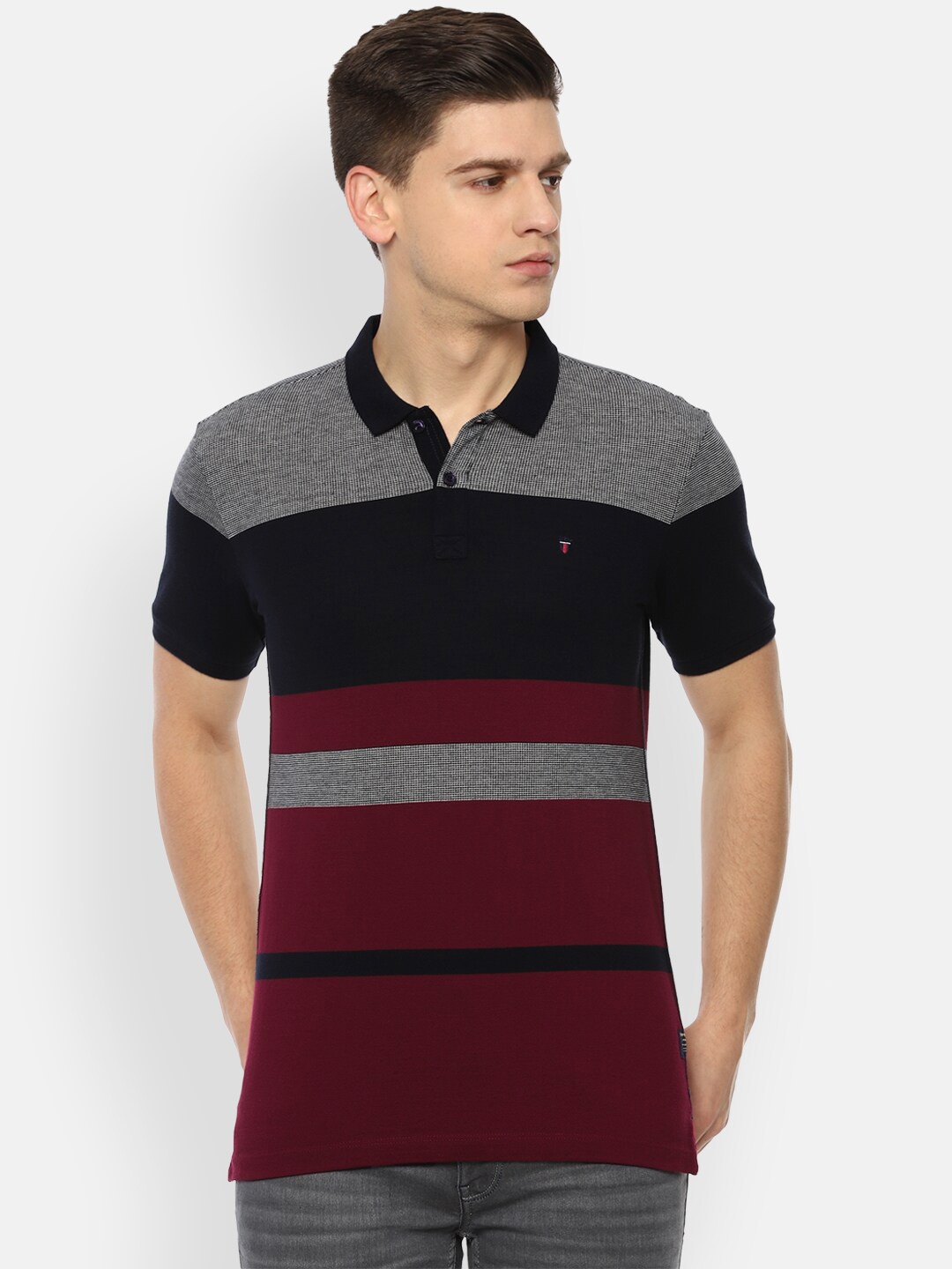 

Louis Philippe Jeans Men Maroon Striped Polo Collar Applique Slim Fit T-shirt