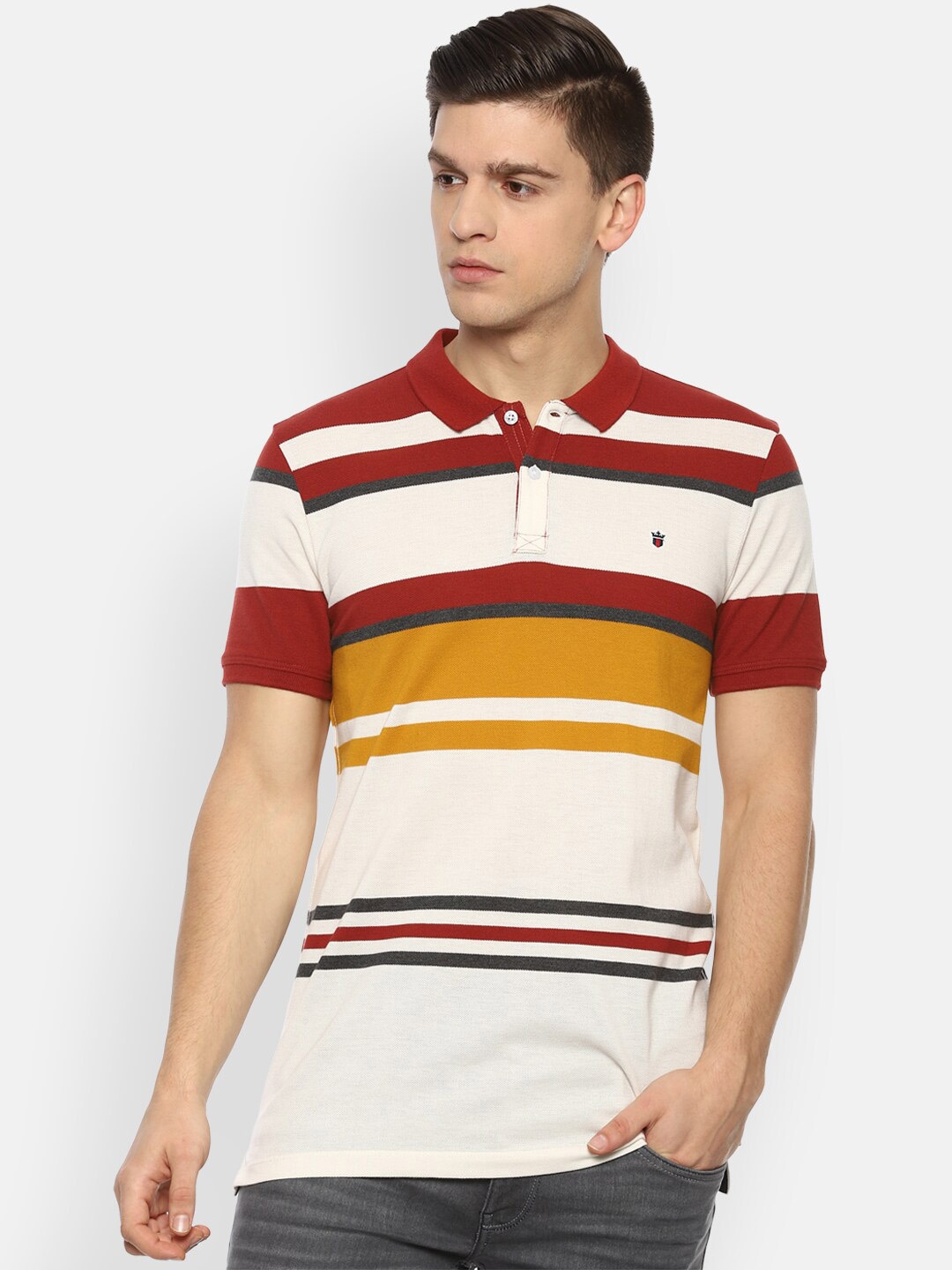 

Louis Philippe Jeans Men Cream-Coloured Striped Polo Collar Applique Slim Fit T-shirt