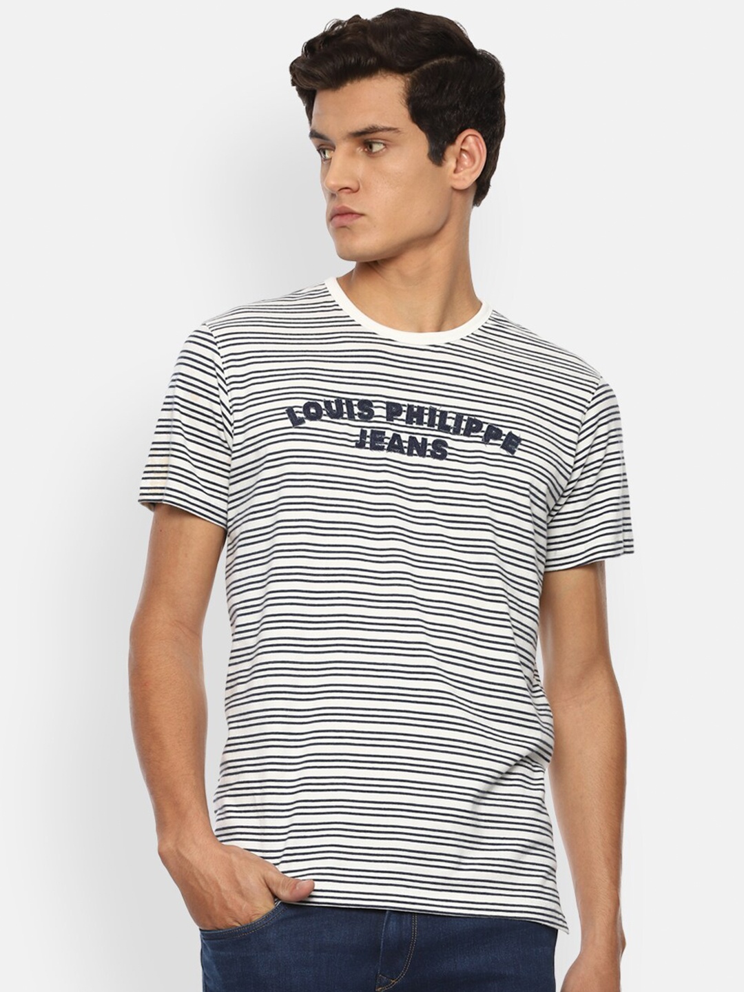 

Louis Philippe Jeans Men White Typography Striped Slim Fit T-shirt
