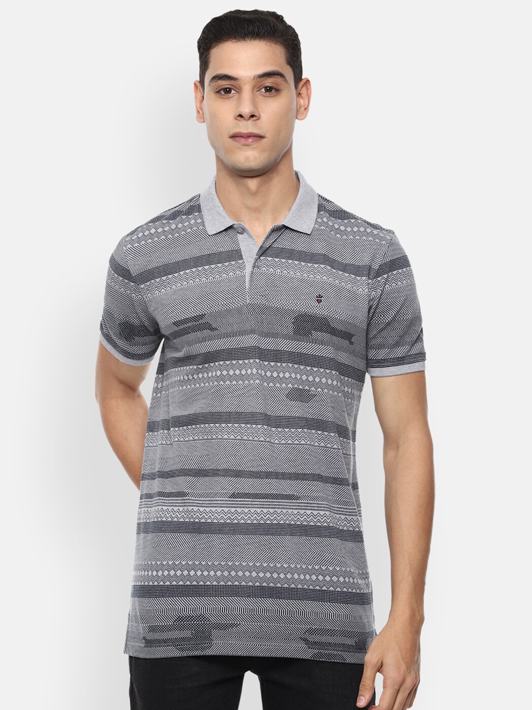 

Louis Philippe Sport Men Grey Striped Polo Collar Slim Fit T-shirt