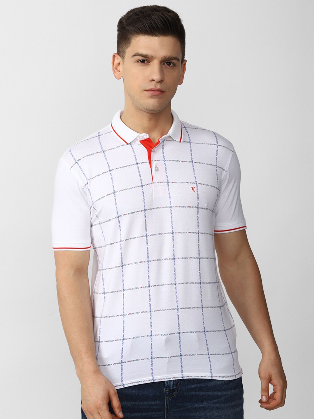 

V Dot Men White Checked Polo Collar Monochrome Slim Fit T-shirt