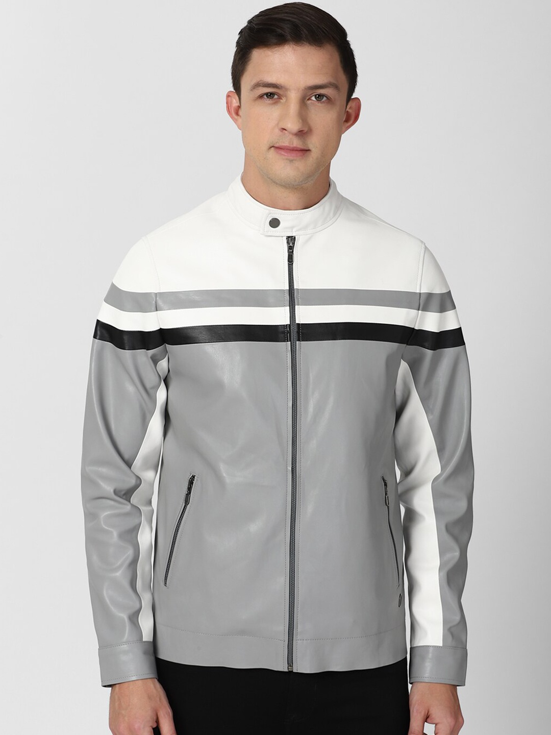 

Peter England Casuals Men Grey Striped Longline Sporty Jacket
