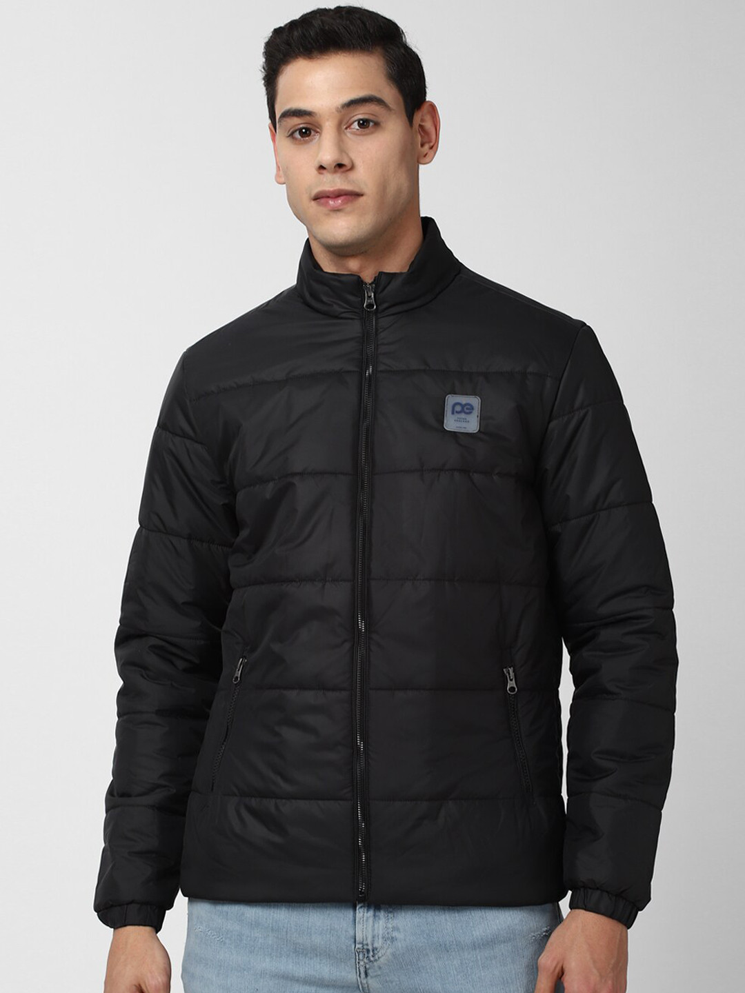 

Peter England Casuals Men Black Quilted Jacket with Patchwork