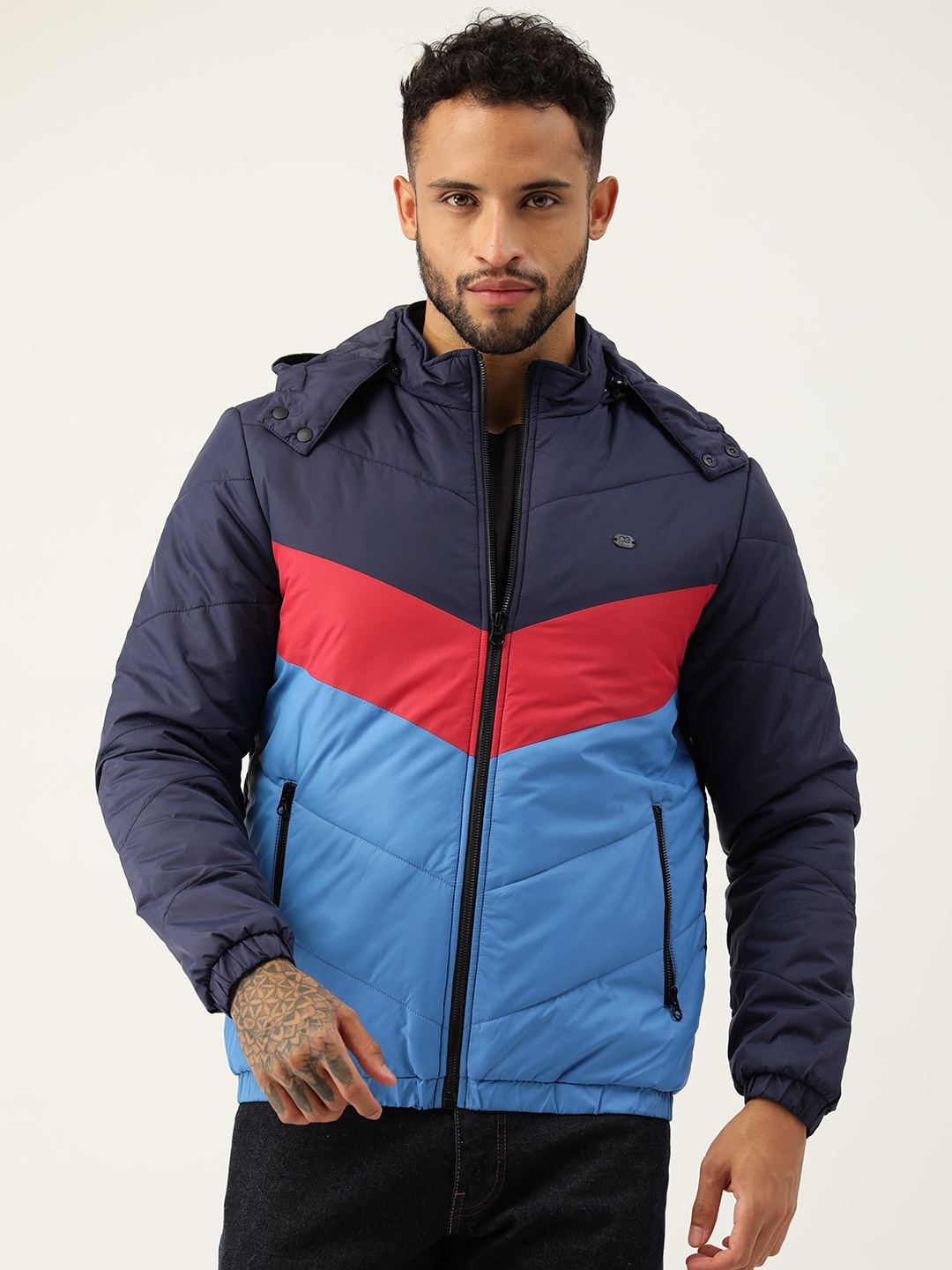 

Peter England Casuals Colourblocked Padded Jacket with Detachable Hood, Blue