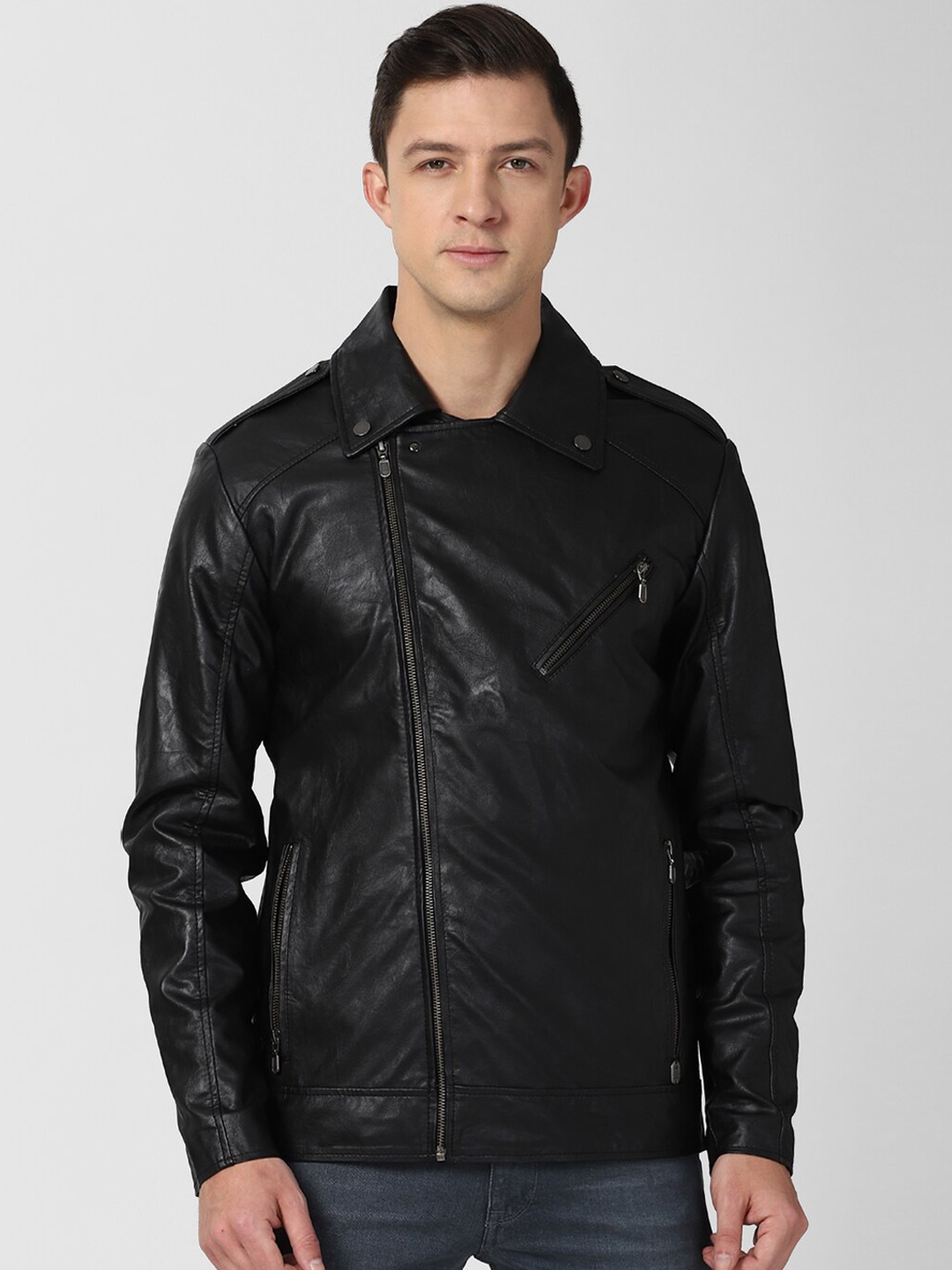 

Peter England Casuals Men Black Camouflage Leather Jacket