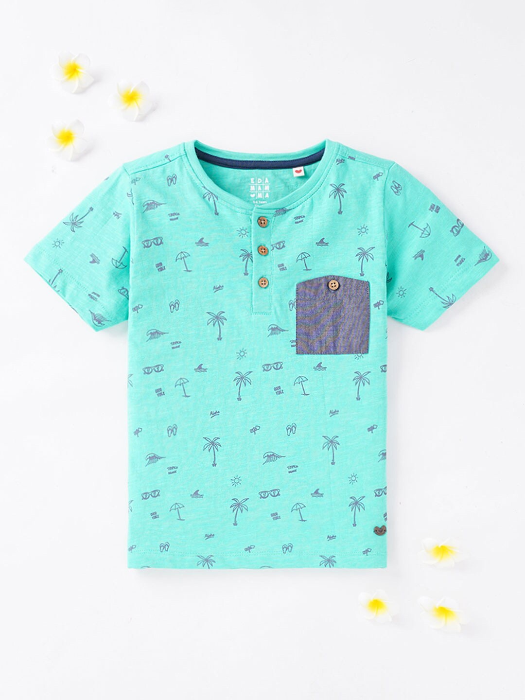 

Ed-a-Mamma Boys Green & waterspout Floral Printed Henley Neck T-shirt