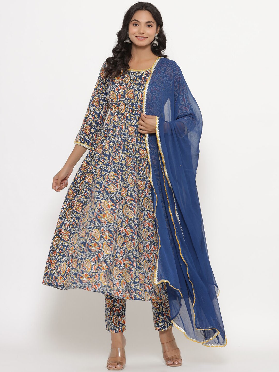 

CRAFIQA Women Blue Printed Panelled Pure Cotton Kurta with Trousers & With Dupatta