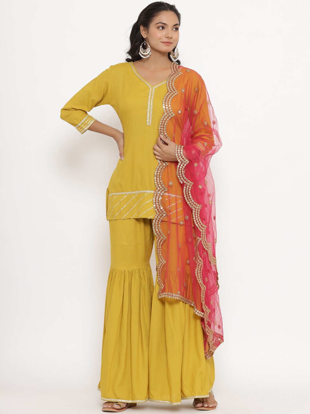 

CRAFIQA Women Mustard Yellow Gotta Patti Kurti with Sharara & With Dupatta