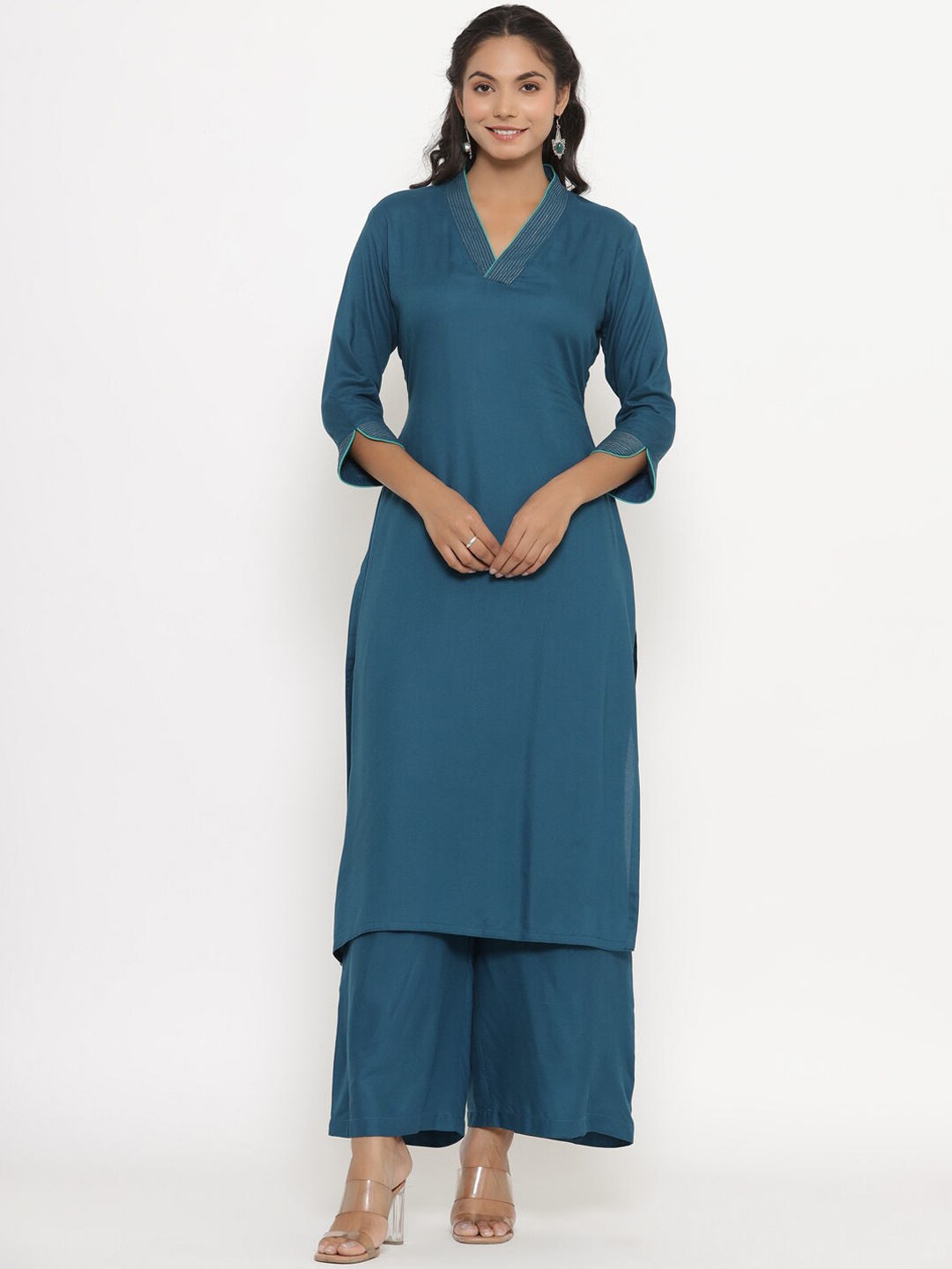 

CRAFIQA Women Blue Embroidered Panelled Kurti with Palazzos & With Dupatta