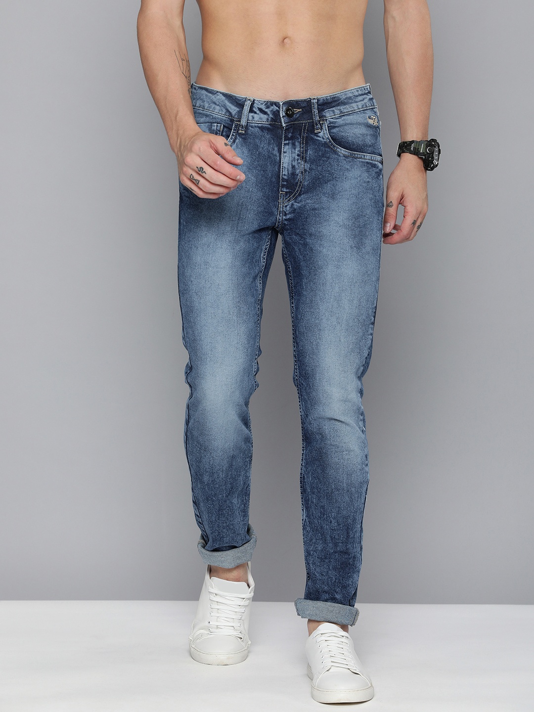 

Flying Machine Men Blue Jackson Skinny Fit Low-Rise Heavy Fade Acid Wash Stretchable Jeans
